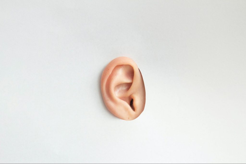 Ear poking through white paper cut-out