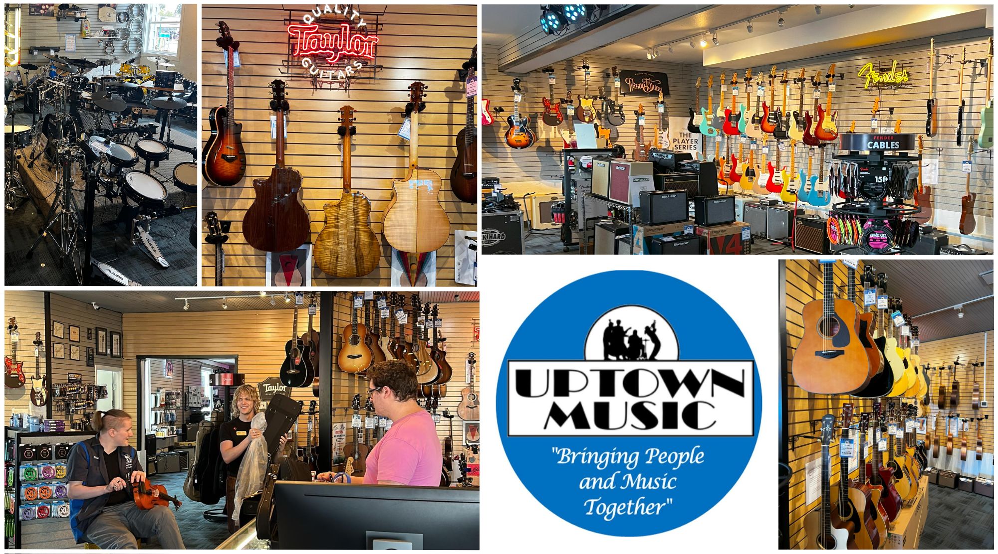 Uptown Music - Bringing People and Music Together - Logo in blue circle with quote