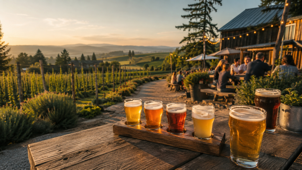Craft beer tasting flight and pints on a rustic outdoor table overlooking rolling farmland and hop fields in North Marion County, Oregon, as visitors gather at a countryside brewery during golden hour.