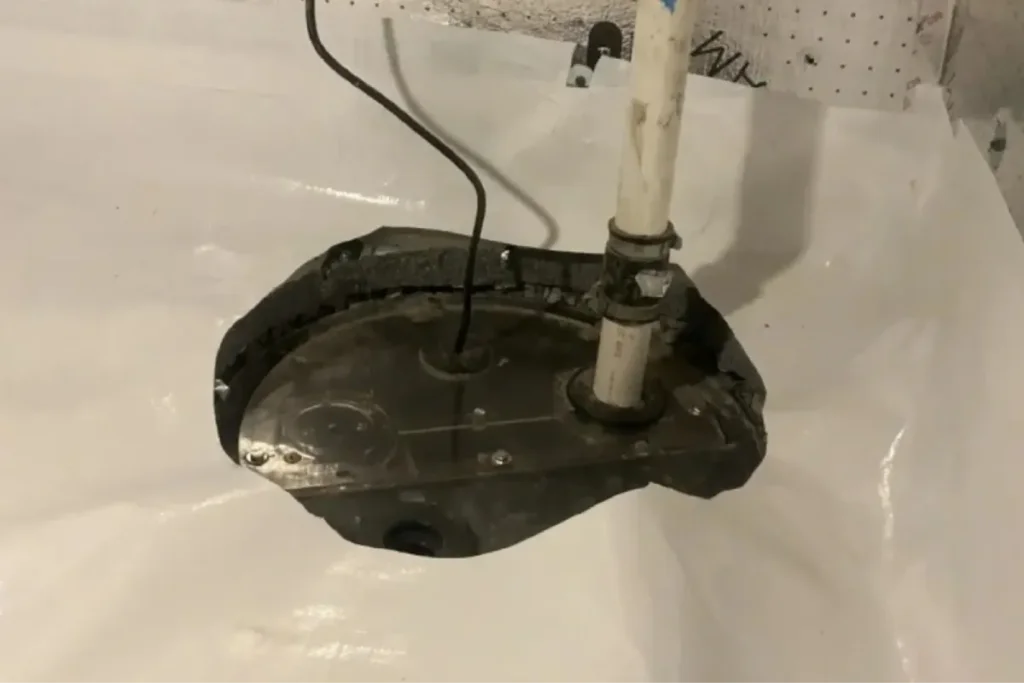 Sump pump basin with drainage pipe installed over white vapor barrier for basement waterproofing.