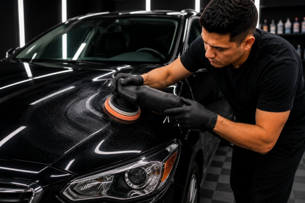 Technician polishing a black car during paint correction.