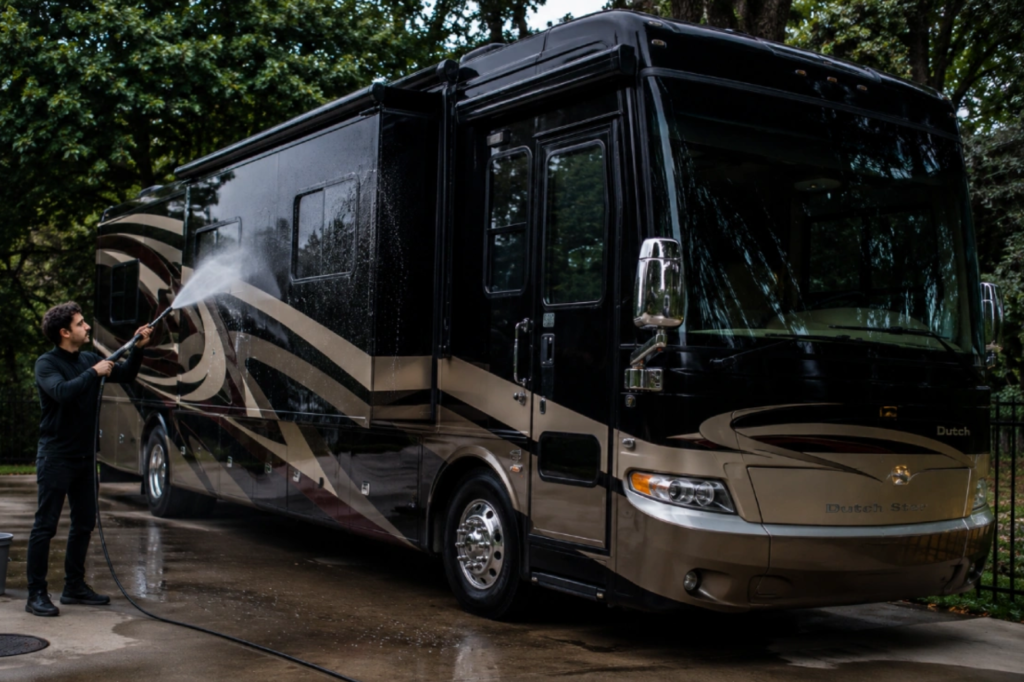 Professional RV exterior wash and detailing.