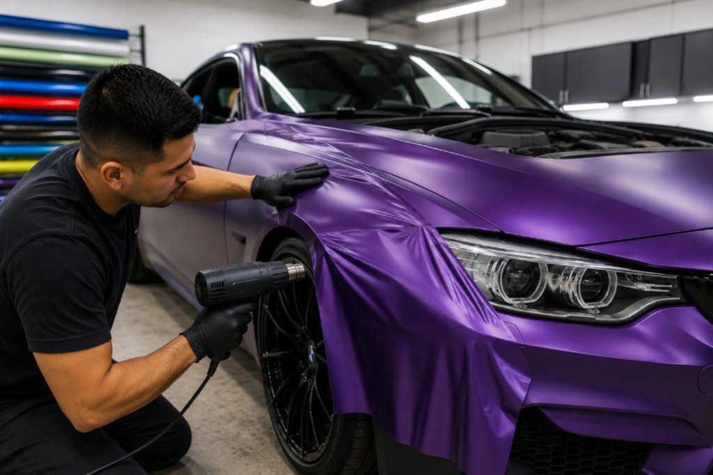 Vinyl wrap being heat-applied to a purple BMW.